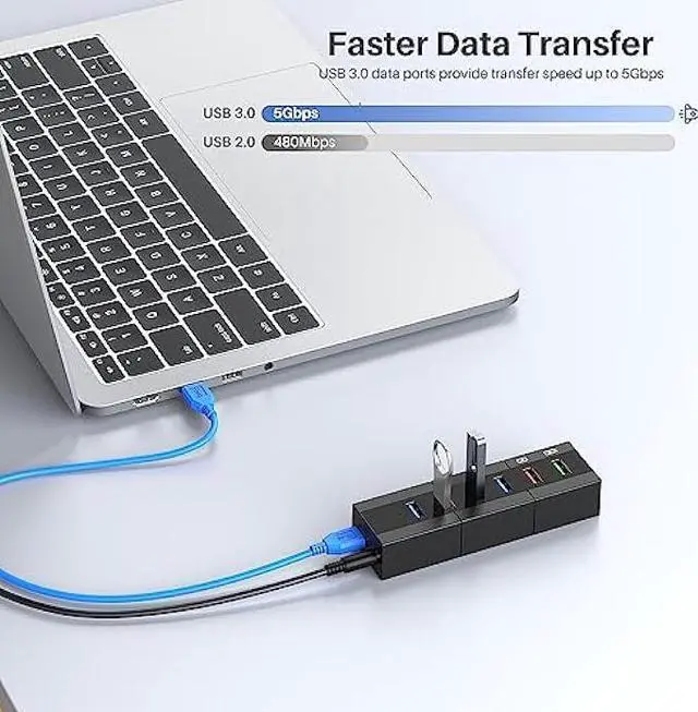 Alt view image 3 of 6 - Powered USB Hub, K&ZZ 6 Ports USB Hub 3.0 with 4 Faster Data Transfer Ports + 2 Smart Charging Ports, USB Hub Powered for Mac, PC, Laptop