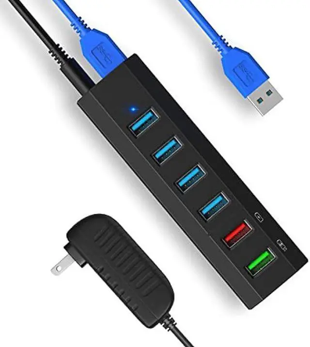 Main image of USB Hub, Aiibe 6 Ports Super High Speed USB 3.0 Hub Splitter + 24W Power Adapter + USB 3.0 Cable, Black Smart Fast Charger USB Hub Powered for Laptop, Mac, PC, Mobile HDD, Multiple Devices (Black)