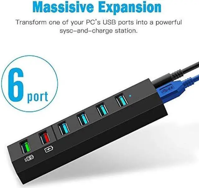 Alt view image 2 of 6 - USB Hub, Aiibe 6 Ports Super High Speed USB 3.0 Hub Splitter + 24W Power Adapter + USB 3.0 Cable, Black Smart Fast Charger USB Hub Powered for Laptop, Mac, PC, Mobile HDD, Multiple Devices (Black)