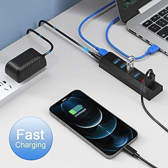 Alt view image 6 of 6 - USB Hub, Aiibe 6 Ports Super High Speed USB 3.0 Hub Splitter + 24W Power Adapter + USB 3.0 Cable, Black Smart Fast Charger USB Hub Powered for Laptop, Mac, PC, Mobile HDD, Multiple Devices (Black)