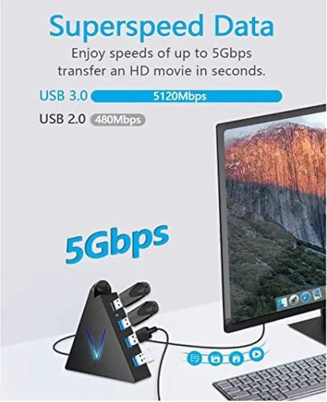 Alt view image 2 of 6 - JoyReken 4-Port USB 3.0 Hub, FlyingVHUB Vertical Data USB Hub with 2 ft Extended Cable, for Mac, PC, Xbox One, PS4, PS5, iMac, Surface Pro, XPS, Laptop, Desktop, Flash Drive, Mobile HDD