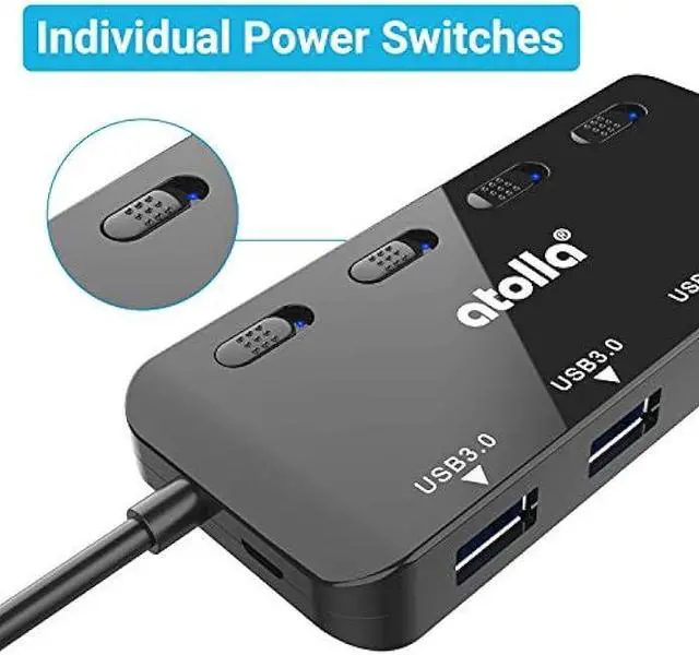 Alt view image 4 of 5 - USB 3.0 Hub Splitter - USB Extender 4 Port USB Ultra Slim Data Hub with Individual Power Switch and LED