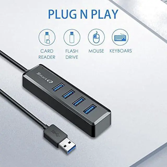 Alt view image 3 of 6 - SmartQ H302S USB 3.0 Hub, 4-Port USB Expander with 2ft Long Cable, High-Speed Data Transfer, Compatible with Laptop, PC, Mac, Printer, External HDD