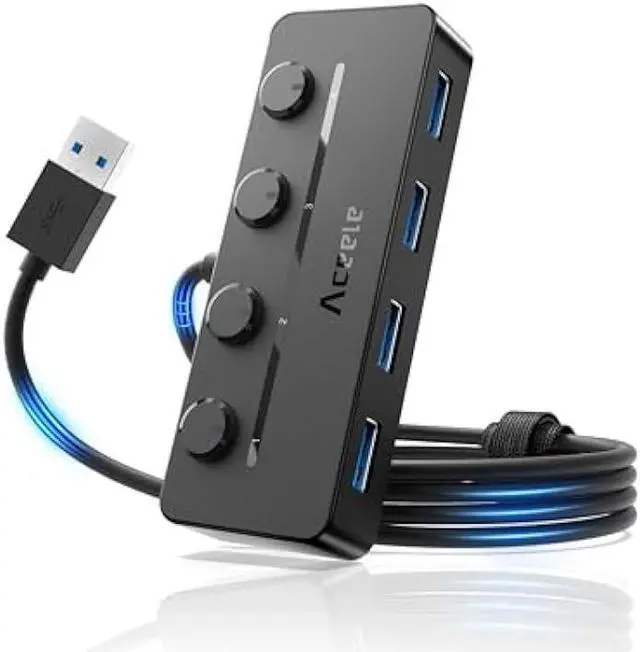 Main image of Aceele 4-Port USB Hub 3.0, 4ft/120cm Extension Long Cable Multiple Port Hub, USB Splitter 5Gbps USB Adapter with Individual LED Power Switches for MacBook, PC, Keyboard, Mouse, Mobile HDD, iMac, XPS