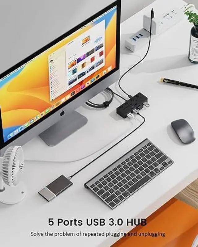 Alt view image 2 of 6 - Aceele 4-Port USB Hub 3.0, 4ft/120cm Extension Long Cable Multiple Port Hub, USB Splitter 5Gbps USB Adapter with Individual LED Power Switches for MacBook, PC, Keyboard, Mouse, Mobile HDD, iMac, XPS