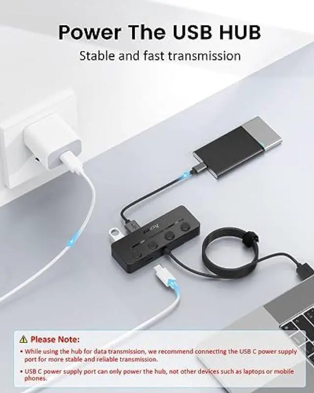 Alt view image 4 of 6 - Aceele 4-Port USB Hub 3.0, 4ft/120cm Extension Long Cable Multiple Port Hub, USB Splitter 5Gbps USB Adapter with Individual LED Power Switches for MacBook, PC, Keyboard, Mouse, Mobile HDD, iMac, XPS