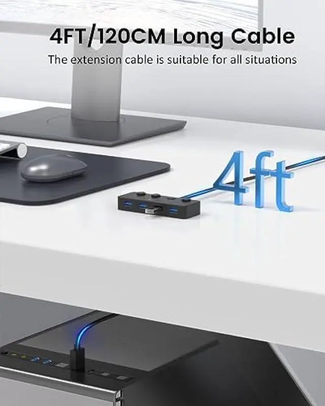 Alt view image 5 of 6 - Aceele 4-Port USB Hub 3.0, 4ft/120cm Extension Long Cable Multiple Port Hub, USB Splitter 5Gbps USB Adapter with Individual LED Power Switches for MacBook, PC, Keyboard, Mouse, Mobile HDD, iMac, XPS