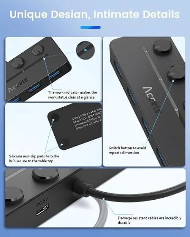 Alt view image 6 of 6 - Aceele 4-Port USB Hub 3.0, 4ft/120cm Extension Long Cable Multiple Port Hub, USB Splitter 5Gbps USB Adapter with Individual LED Power Switches for MacBook, PC, Keyboard, Mouse, Mobile HDD, iMac, XPS