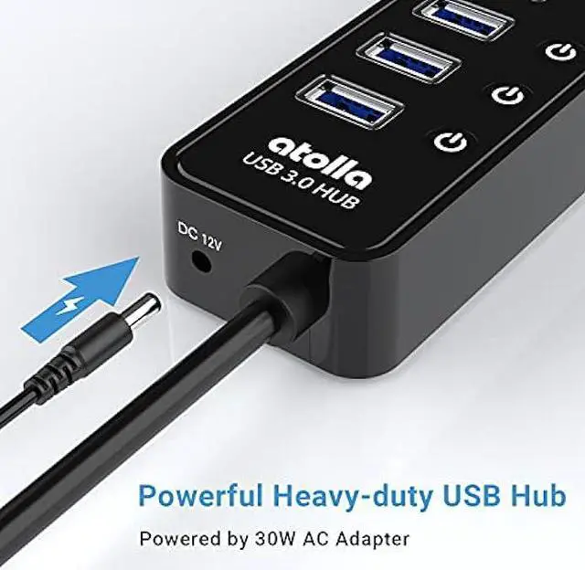 Alt view image 6 of 6 - atolla Powered USB Hub 3.0 with 10-Port USB 3.0 Data Port, USB hub with Individual On/Off Switches and 12V /2.5A Power Adapter USB Extension for MacBook, Mac Pro/MiniiMac and More.