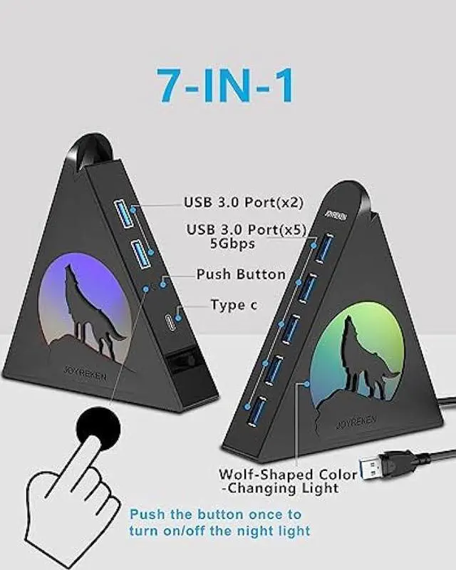 Alt view image 2 of 6 - 7 Port USB Hub, JoyReken USB 3.0 Hub with 2 FT Long Cable, Vertical USB Exrension Hub for Laptop, MacBook, Xbox, PS4/5, Flash Drive, XPS, PC, Flash Drive, Game Console, Printer, Camera,Keyborad, Mouse