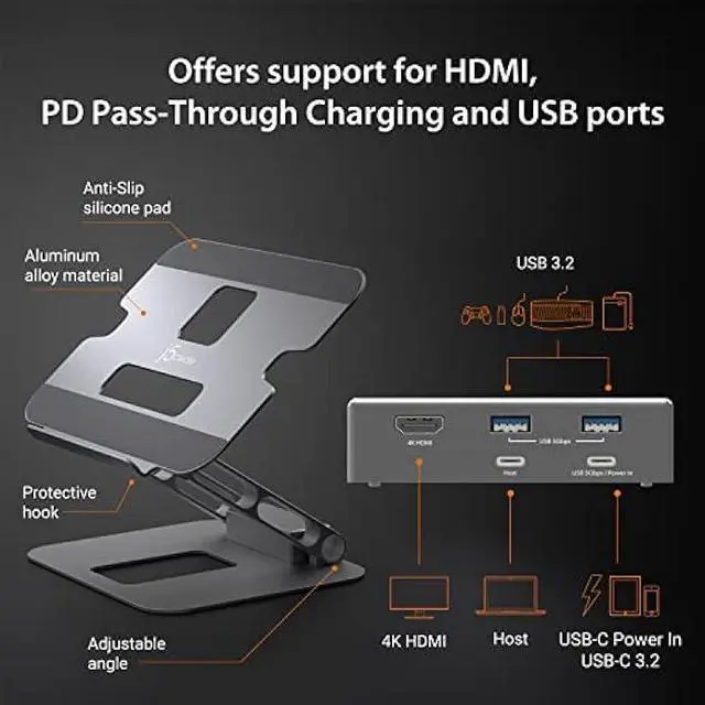 Alt view image 3 of 7 - j5create Laptop Stand with USB C 4K  Display Hub - 2 USB A 5Gbps, PD 100W with USB-C 5Gbps | Aluminum Computer Riser for MacBook and Windows Notebook (JTS327)
