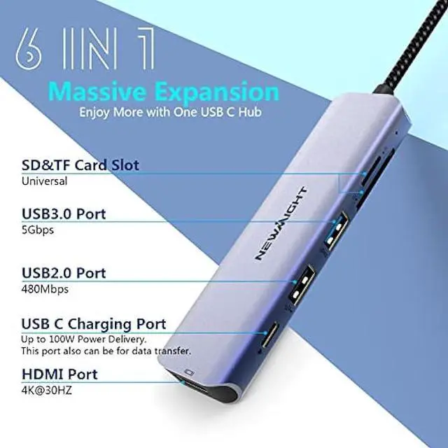 Alt view image 2 of 6 - USB C Hub USB-C to  Adapter - Newmight 6 in 1 USB C  Multiport Adapter with 100W Power Delivery  4K USB3.0 Fast Data Transfer SD/TF Card Reader, for MacBook and Other Type C Devices