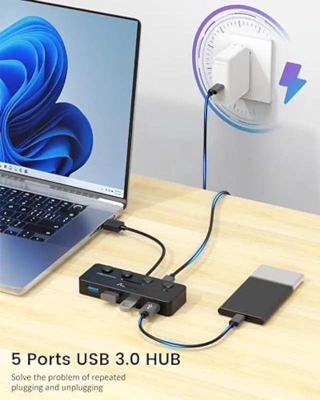 Alt view image 2 of 6 - Aceele 4-Port USB Hub 3.0, Ultra High Speed Data Hub, USB Splitter 5Gbps USB Adapter with Individual LED Power Switches for MacBook, PC, Keyboard, Mouse, Flash Drive, Mobile HDD, MacBook, iMac, XPS