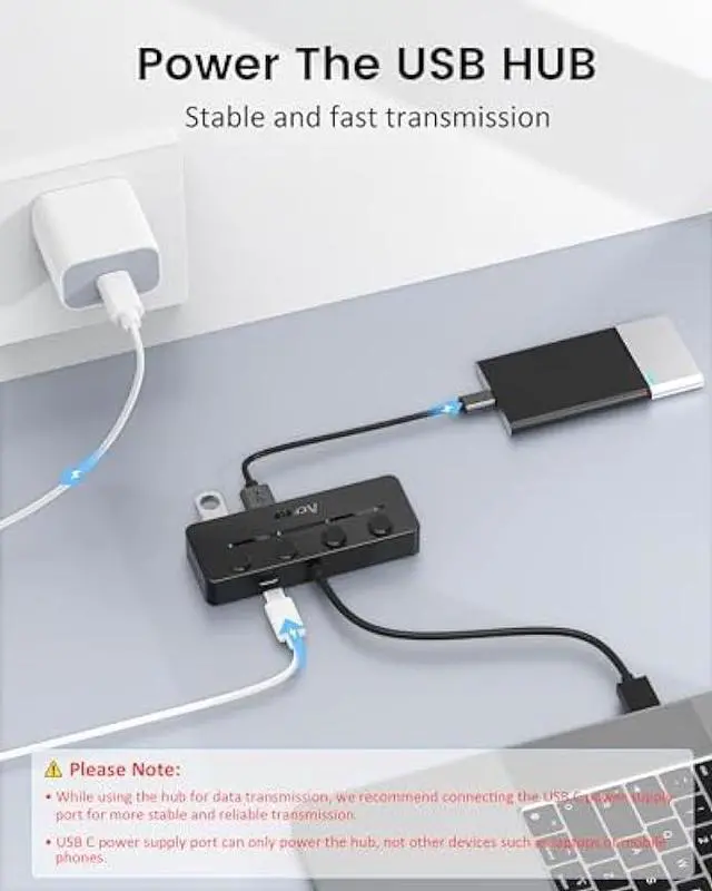 Alt view image 4 of 6 - Aceele 4-Port USB Hub 3.0, Ultra High Speed Data Hub, USB Splitter 5Gbps USB Adapter with Individual LED Power Switches for MacBook, PC, Keyboard, Mouse, Flash Drive, Mobile HDD, MacBook, iMac, XPS