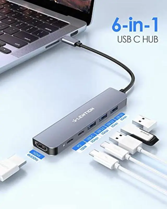 Alt view image 2 of 5 - LENTION USB C Hub, Multiport with 4K HDMI Port, 3xUSB-A Ports, USB-C Data Port, 100W PD Port, Compatible New MacBook Pro/Air, iPhone 15 Pro/Pro Max, Surface, Chromebook, More(CE35s, Gray)