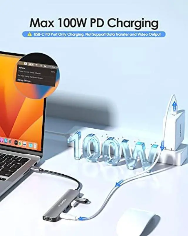 Alt view image 5 of 5 - LENTION USB C Hub, Multiport with 4K HDMI Port, 3xUSB-A Ports, USB-C Data Port, 100W PD Port, Compatible New MacBook Pro/Air, iPhone 15 Pro/Pro Max, Surface, Chromebook, More(CE35s, Gray)