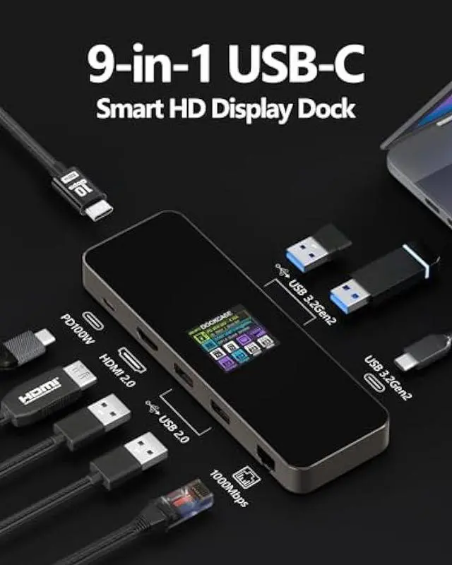 Alt view image 2 of 6 - DOCKCASE Visual Smart USB C Hub (9-in-1) with  Port 4K@60Hz, 100w PD Power Delivery, 4 USB-A Data Ports, 1 Gigabit Ethernet Port, 1 UHS-II TF/SD card slot for MacBook Air, MacBook Pro,XPS,and More
