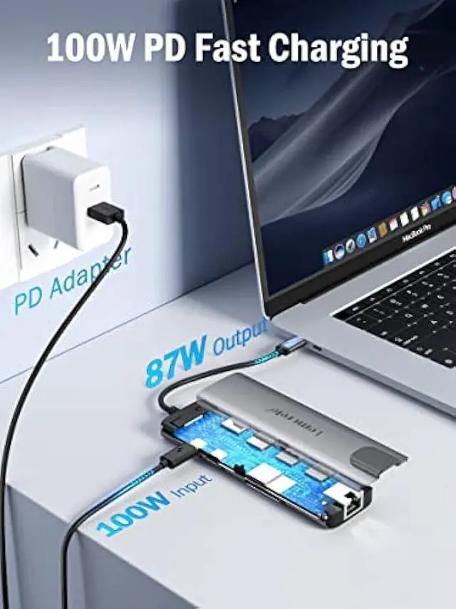 Alt view image 5 of 5 - Lemorele USB C Hub Multiport Adapter 9 in 1 w/Gigabit Ethernet, 100W PD, HDMI 4K, 3 USB 2.0, 5Gbps USB C Data Port, SD/TF Card Reader, Dongle Docking Station for MacBook Lenovo HP Dell Laptops