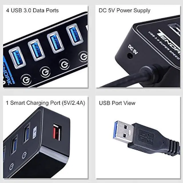 Alt view image 2 of 6 - USB 3.0 Hub - Tendak USB Hub with 4 USB 3.0 Data Ports + 1 USB Smart Charging Port and Power Supply Adapter with Individual On/Off Port Switches for MacBook, Mac Pro, HDD