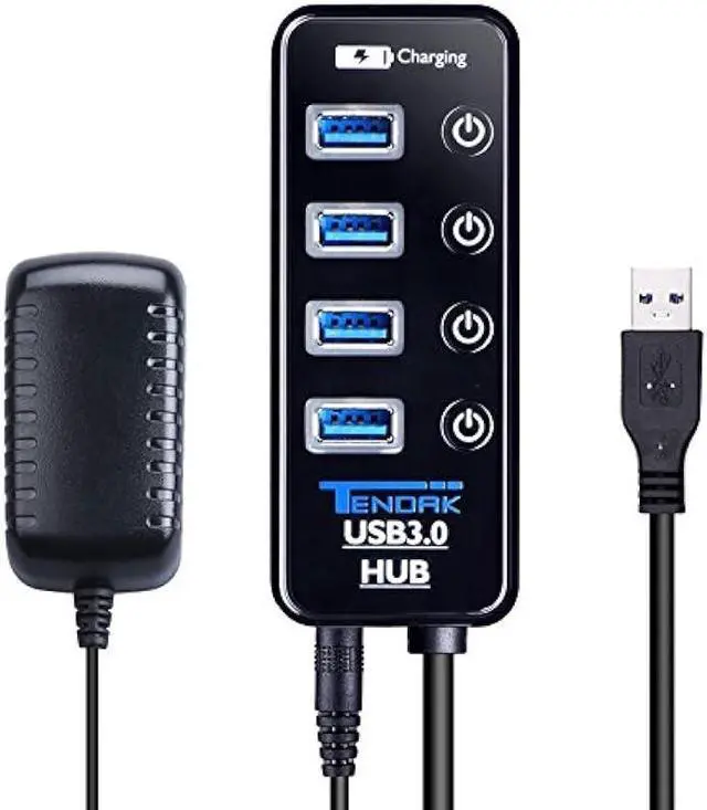 Main image of USB 3.0 Hub - Tendak USB Hub with 4 USB 3.0 Data Ports + 1 USB Smart Charging Port and Power Supply Adapter with Individual On/Off Port Switches for MacBook, Mac Pro, HDD