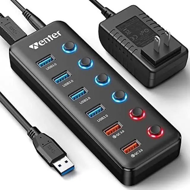 Main image of Powered USB Hub, Wenter 6-Port USB 3.0 Hub Splitter (4 USB 3.0 Data Ports + 2 QC 3.0 Fast Charging Ports) with Individual LED On/Off Switches, USB Hub 3.0 Powered with 36W AC Adapter for Mac, PC