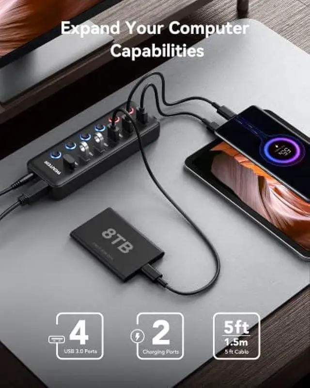 Alt view image 2 of 5 - Powered USB Hub, Wenter 6-Port USB 3.0 Hub Splitter (4 USB 3.0 Data Ports + 2 QC 3.0 Fast Charging Ports) with Individual LED On/Off Switches, USB Hub 3.0 Powered with 36W AC Adapter for Mac, PC