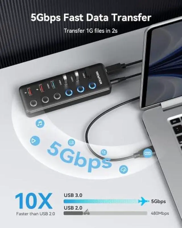 Alt view image 3 of 5 - Powered USB Hub, Wenter 6-Port USB 3.0 Hub Splitter (4 USB 3.0 Data Ports + 2 QC 3.0 Fast Charging Ports) with Individual LED On/Off Switches, USB Hub 3.0 Powered with 36W AC Adapter for Mac, PC
