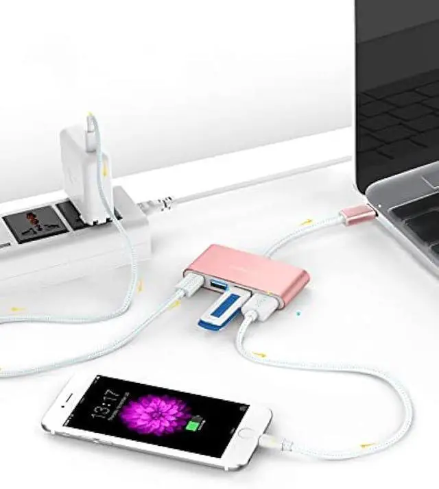 Alt view image 3 of 6 - LENTION 4-in-1 USB-C Hub with Type C, USB 3.0, USB 2.0 for 2024-2016 MacBook Pro (M1-M4), iPhone 16-15 New Mac Air/Surface, ChromeBook, More, Multiport Charging & Connecting Adapter (C13, Rose Gold)