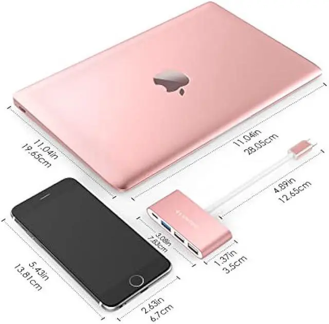 Alt view image 5 of 6 - LENTION 4-in-1 USB-C Hub with Type C, USB 3.0, USB 2.0 for 2024-2016 MacBook Pro (M1-M4), iPhone 16-15 New Mac Air/Surface, ChromeBook, More, Multiport Charging & Connecting Adapter (C13, Rose Gold)