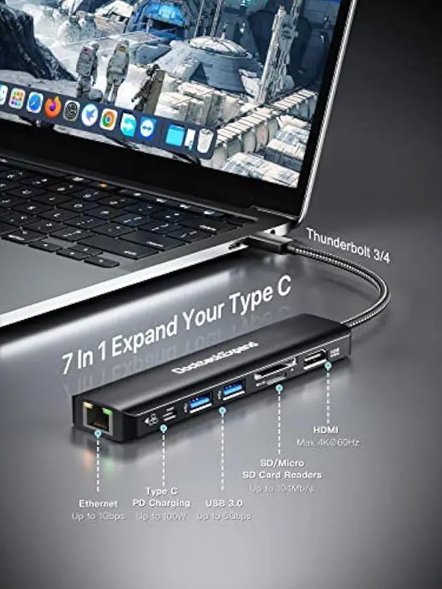 Alt view image 2 of 5 - USB C Hub Multiport Adapter, DockteckExpand USB C Dongle 7 in 1 with 4K 60Hz HDMI Port, 1Gbps Ethernet, 100W PD, 2 USB 3.0 Ports, SD/TF Card Reader for MacBook iPad HP Dell XPS and More