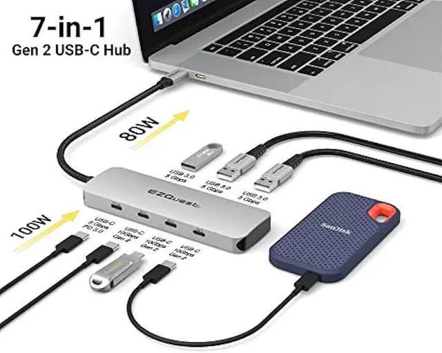Alt view image 2 of 6 - EZQuest USB C Hub - 7 in 1 USB C Splitter 10Gbps Ultra-Fast with 3X Gen 2 USB-C Hub Ports 10Gbps, 3X USB 3.0 Ports 5Gbps, 1X USB-C 3.0 Power Delivery 5Gbps Data  MacBooks, Dell & More Type C Devices