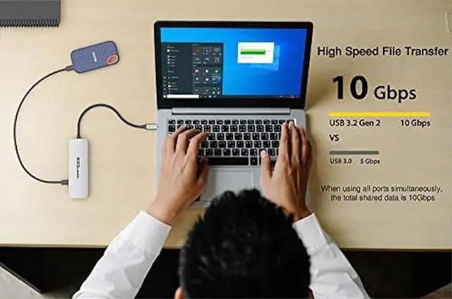 Alt view image 6 of 6 - EZQuest USB C Hub - 7 in 1 USB C Splitter 10Gbps Ultra-Fast with 3X Gen 2 USB-C Hub Ports 10Gbps, 3X USB 3.0 Ports 5Gbps, 1X USB-C 3.0 Power Delivery 5Gbps Data  MacBooks, Dell & More Type C Devices