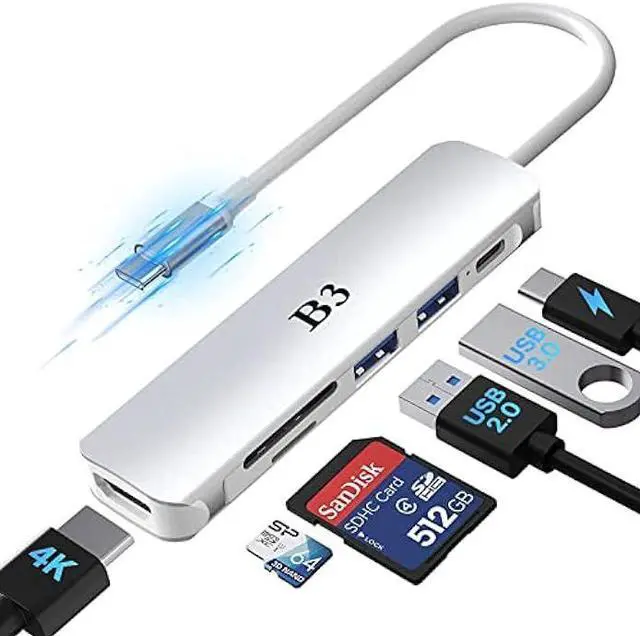 Main image of USB C Hub Adapter, 6 in 1 USB-C Dongle Multiport Docking Station with 4K , 55W PD, USB 3.0/USB 2.0 Port, SD/TF Card Slot, Type-C Digital AV Dock Converter for MacBook Pro Air M1- Sliver