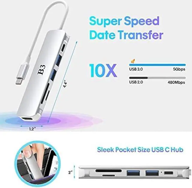 Alt view image 4 of 6 - USB C Hub Adapter, 6 in 1 USB-C Dongle Multiport Docking Station with 4K , 55W PD, USB 3.0/USB 2.0 Port, SD/TF Card Slot, Type-C Digital AV Dock Converter for MacBook Pro Air M1- Sliver