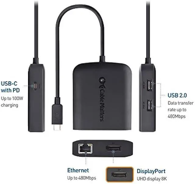 Alt view image 2 of 5 - Cable Matters USB C Hub DisplayPort 100W, 4K@240Hz (USBC DisplayPort 1.4 Hub), 480Mbps Ethernet, 2X USB, 100W Host Charging in Black - Thunderbolt 4 / Thunderbolt 3 Port Compatible for MacBook Pro