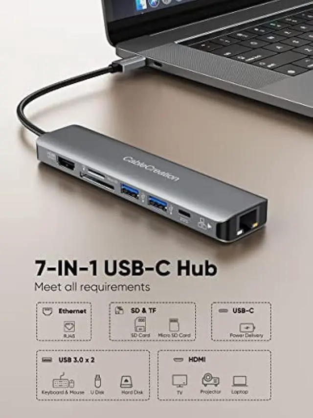 Alt view image 2 of 5 - USB C Hub 4K 60Hz, CableCreation 7-in-1 USB-C Hub Multiport Adapter with 1Gbps Ethernet, HDMI, 2 USB 3.0 Ports, 100W PD and SD/TF Cards Reader, Compatible with Steam Deck MacBook Pro/Air, iPad Pro