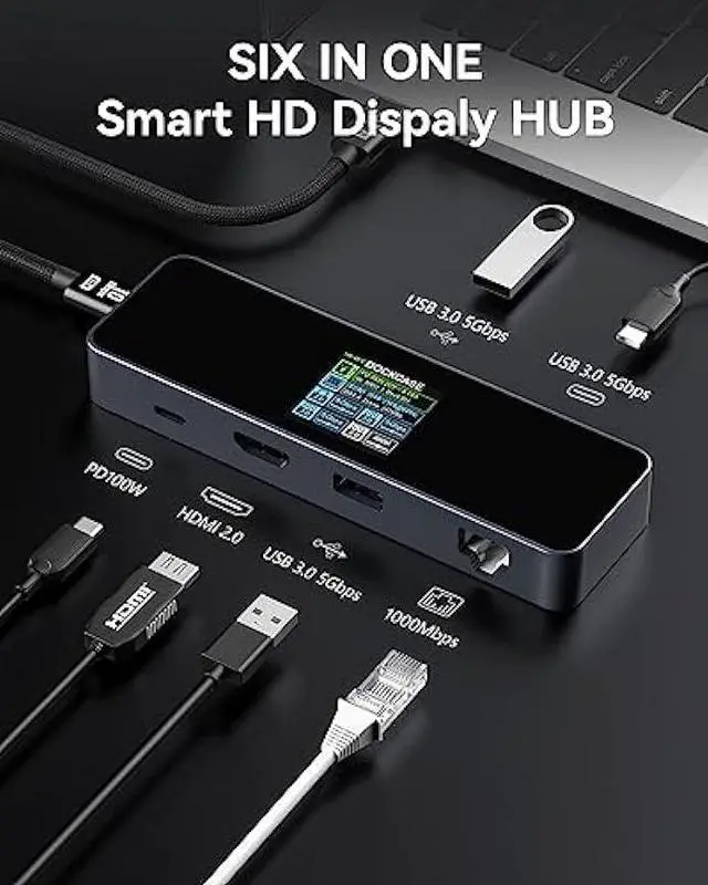 Alt view image 2 of 6 - DOCKCASE Visual Smart USB C Hub (6-in-1) with  Port 4K@60Hz, Gigabit Ethernet, USB-C and 2 USB-A 5Gbps Data Ports, 100w PD Power Delivery, for MacBook Air, MacBook Pro, XPS, and More