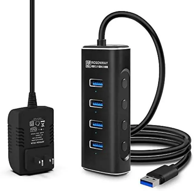 Main image of Powered USB Hub, Rosonway 4 Ports USB 3.1/3.2 Gen 2 Hub 10Gbps with 3.3ft Data Cable, 5V/2A Power Adapter and Individual Switches, Aluminum USB Port Hub Splitter for PC and Laptop, RSH-A104