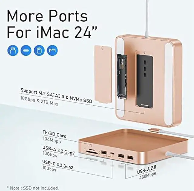 Alt view image 6 of 6 - USB C HUB for iMac 24 inch 2021, PULWTOP 7 in 1 USB Hub Adapter iMac Accessories with USB C 10Gbps 3*USB A SD/TF Card Reader, Docking Station Support Expand M.2 NVMe SSD (Not Included)