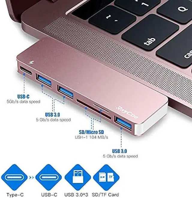 Alt view image 2 of 6 - USB C Hub Adapter for MacBook Pro/Air 2020 2019 2018, 6 in 1 USB-C Accessories Compatible with MacBook Pro 13 and 15 with 3 USB 3.0 Ports, TF/SD Card Reader, Power Delivery (Pink)