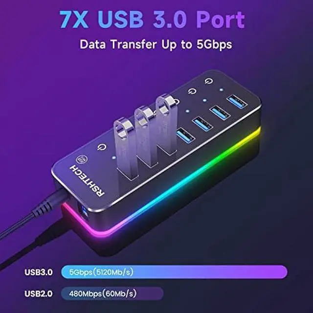 Alt view image 5 of 6 - Powered USB Hub, RSHTECH RGB 7 Ports USB 3.0/USB C Hub with 14 Mode RGB LED Strip, Individual Touch Switches, 3.3ft Cable and 5V/4A Power Adapter, Aluminum Gaming USB Hub for PC and Laptop, RSH-518R