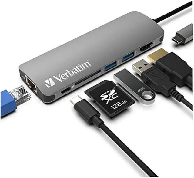 Main image of Verbatim 6-in-1 USB C Hub Adapter with Dongle - 100W Power Delivery, USB 3.0 Ports, SD Card Readers, 3.5mm Audio Port for USB C Laptops