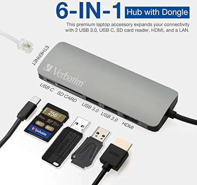 Alt view image 3 of 6 - Verbatim 6-in-1 USB C Hub Adapter with Dongle - 100W Power Delivery, USB 3.0 Ports, SD Card Readers, 3.5mm Audio Port for USB C Laptops