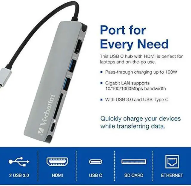 Alt view image 5 of 6 - Verbatim 6-in-1 USB C Hub Adapter with Dongle - 100W Power Delivery, USB 3.0 Ports, SD Card Readers, 3.5mm Audio Port for USB C Laptops