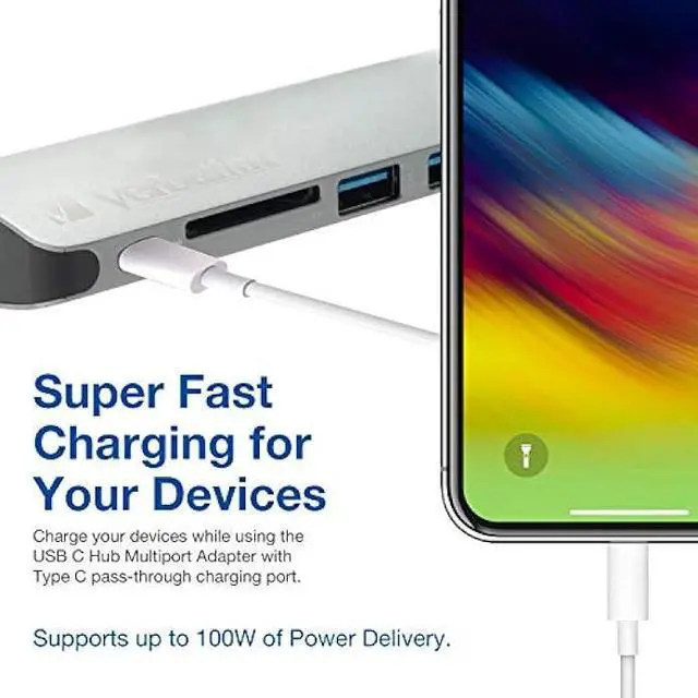 Alt view image 6 of 6 - Verbatim 6-in-1 USB C Hub Adapter with Dongle - 100W Power Delivery, USB 3.0 Ports, SD Card Readers, 3.5mm Audio Port for USB C Laptops