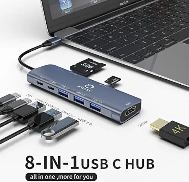 Alt view image 2 of 7 - WWLSV USB C Hub Docking Station USB C to  8 in 1 Adapter (4K  USB3.0 SD/TF Card Reader 100W PD) Compatible with MacBook Pro/MacBook Air, XPS, Chromebook and More Type C Device