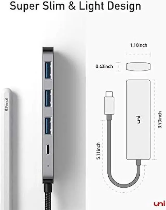 Alt view image 4 of 6 - uni USB C Hub with 100W PD Power Delivery, [Slim, Aluminum, Nylon] 4-in-1 Type c with High-Speed 3-Ports USB 3.0, Compatible with MacBook Pro/ Air, iPad Pro, XPS, Surface Book etc.
