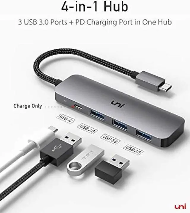 Alt view image 5 of 6 - uni USB C Hub with 100W PD Power Delivery, [Slim, Aluminum, Nylon] 4-in-1 Type c with High-Speed 3-Ports USB 3.0, Compatible with MacBook Pro/ Air, iPad Pro, XPS, Surface Book etc.