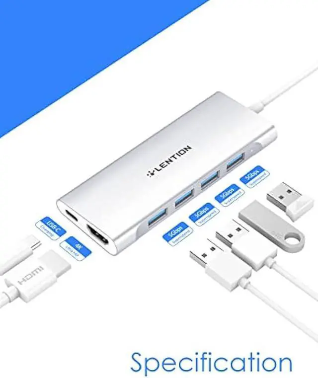 Alt view image 2 of 6 - LENTION USB-C Multi-Port Hub with 4K  Output, 4 USB 3.0, Type C Charging Adapter Compatible with New MacBook Pro 13/15 (Thunderbolt 3 Port), MacBook 12, Chromebook, Dell XPS, HP, More (Silver)