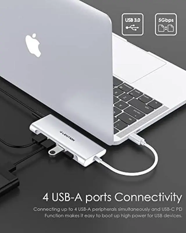 Alt view image 3 of 6 - LENTION USB-C Multi-Port Hub with 4K  Output, 4 USB 3.0, Type C Charging Adapter Compatible with New MacBook Pro 13/15 (Thunderbolt 3 Port), MacBook 12, Chromebook, Dell XPS, HP, More (Silver)